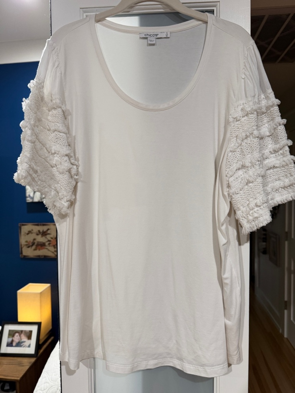 Chico's Cream Scoop Neck Top with Textured Ruffle Sleeves